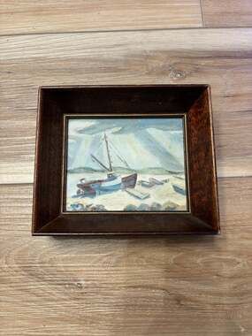 Vintage Small Framed Nautical Seascape Oil Painting with Boats
